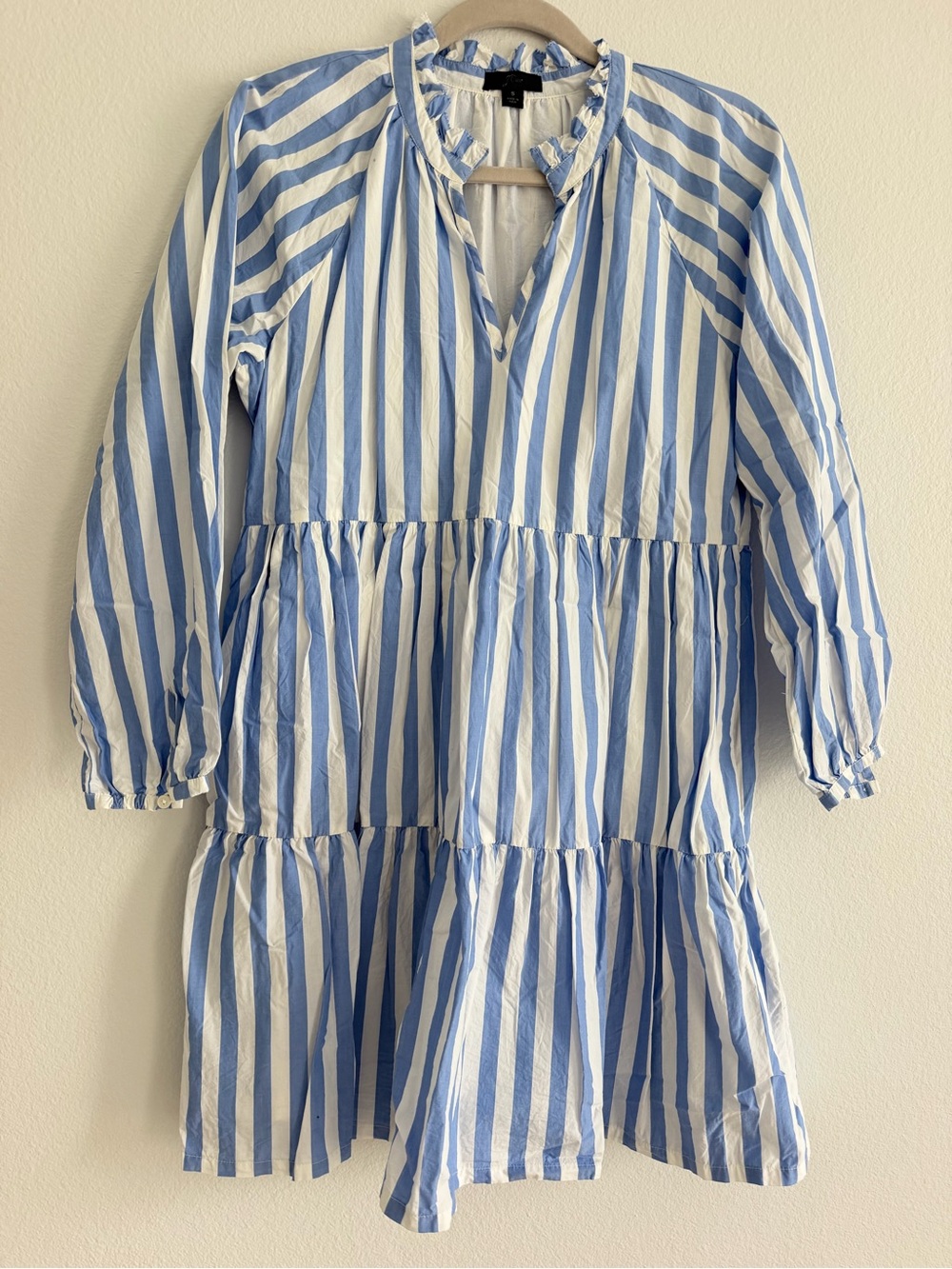 J. Crew White and Light Blue Striped Tiered Peasant Dress